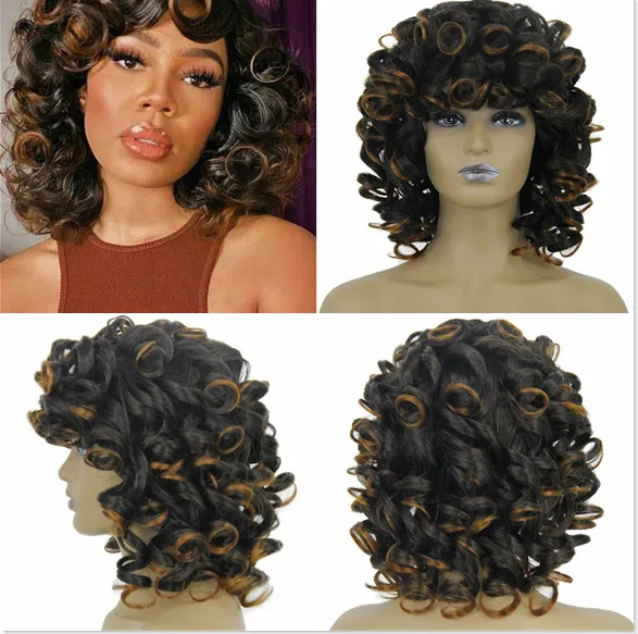 

Women Curly Short Black Brown Highlights Wig with Bangs Party Costume