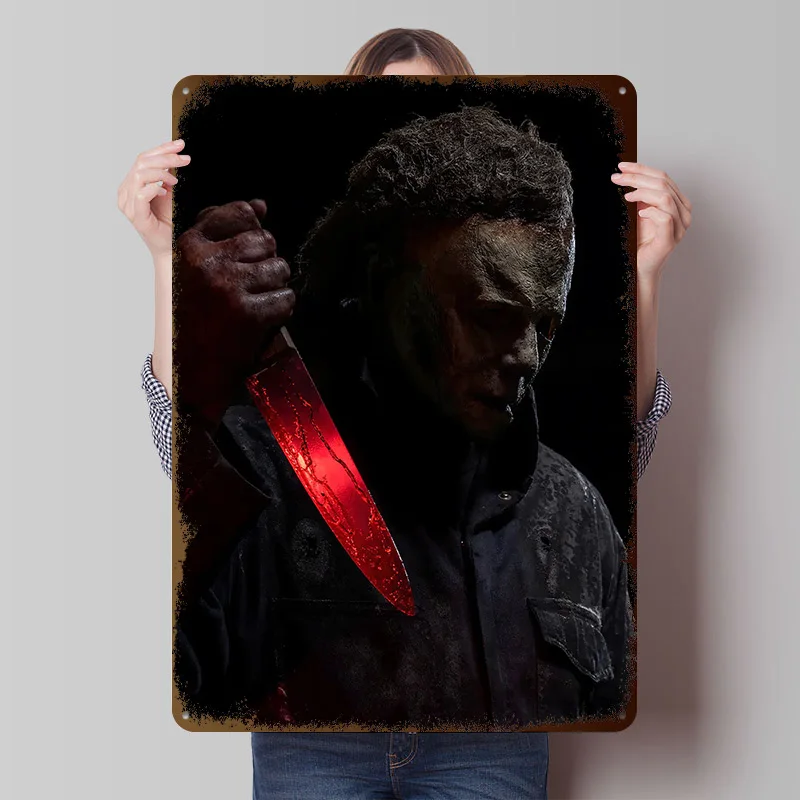 Póster de Metal de Michael Myers con Cuchillo Ensangrentado, Arte de Pared Personalizado, Letreros Metálicos Vintage, Placa de Metal Retro para Decoración Moderna del Hogar
