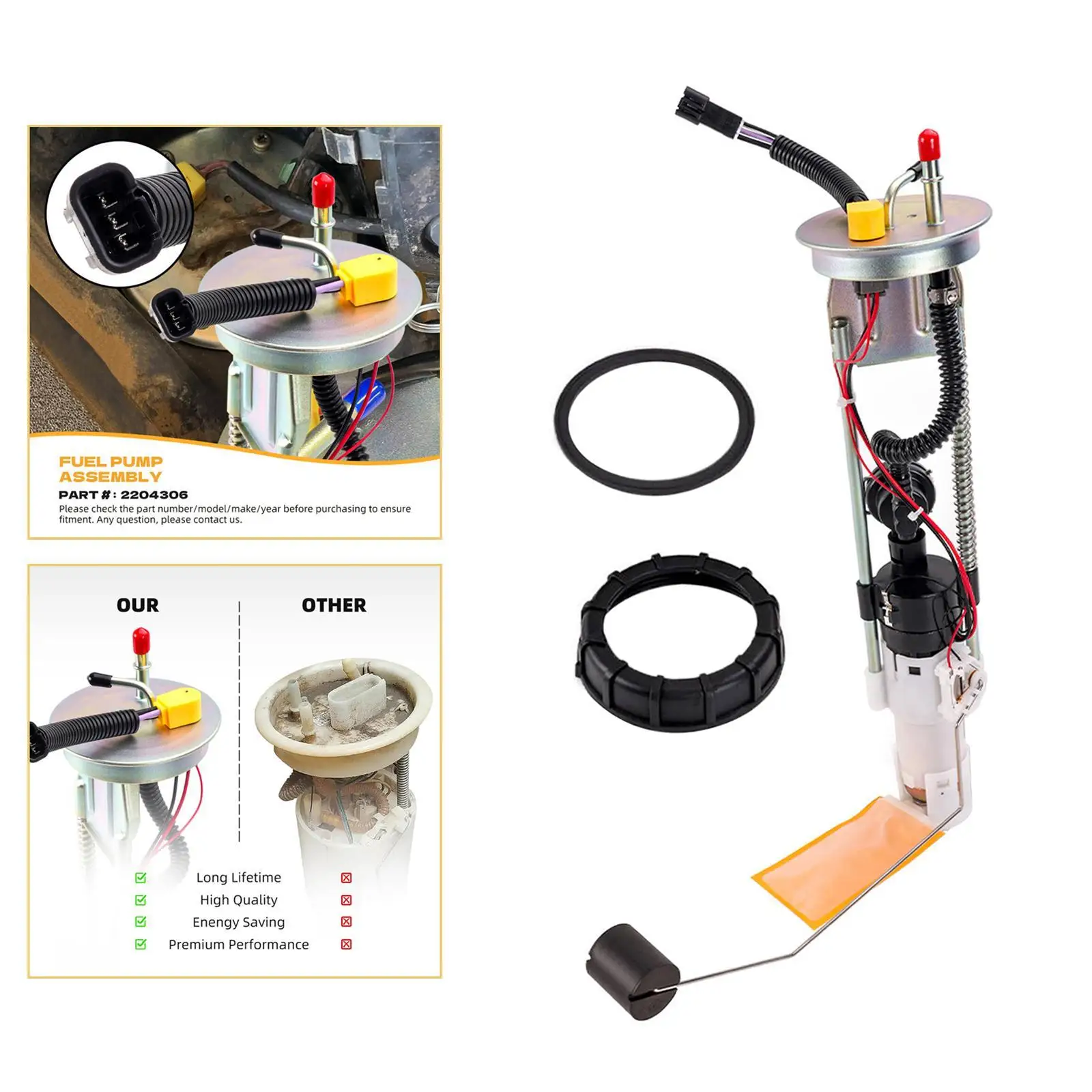 Fuel Pump Assembly Easy to Install Replaces Spare Part 44.1cm Lock Ring and Gasket 2204306 for Polaris Ranger 2009-24 Motorcycle