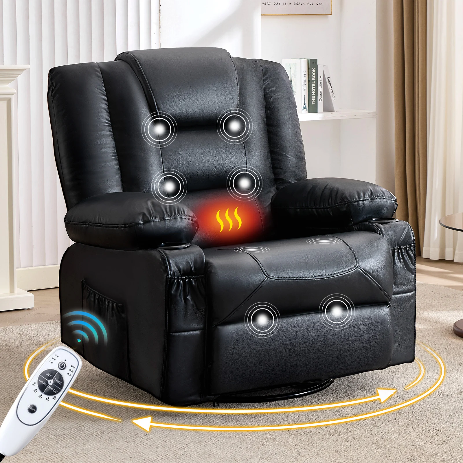 !@OE HOME Leather Modern Rocker Recliner Chair Massage Oversize Design Cup Holders USB Charge Port Side Pockets for Living Room