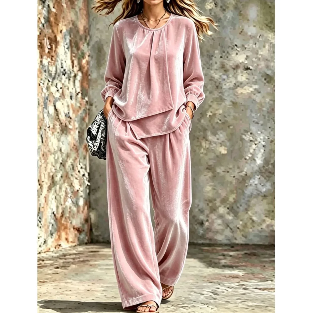 Autumn Winter Korean Fleece Women O Neck T Shirt Pants 2 Piece Set Fashion Irregular Top Casual Loose Fitting Wide Leg Pants Set