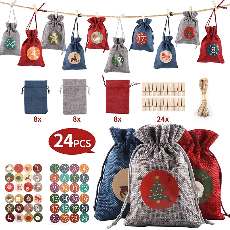 24Pcs Set Burlap Christmas Hanging Bags 24Days Countdown Home Deco Drawstring Gift Candy Diy Christmas Decorations For Home