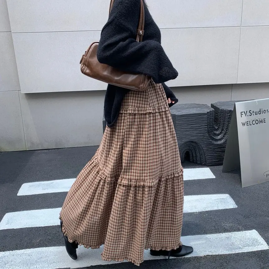 Qiukichonson 100%Cotton Plaid Skirt Women 2026 Spring Autumn Korean Casual High Waisted A-Line Ruffles Midi Long Maxi Skirts rok