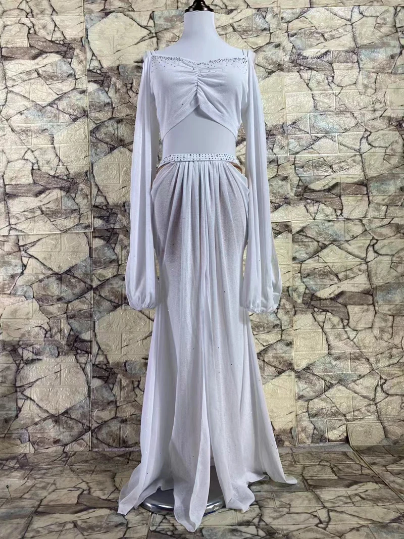 Sutiã + saia longa dividida, 2 peças, roupa de dança do ventre oriental, traje de dança do ventre feminino, roupa de dança exótica, mangas compridas