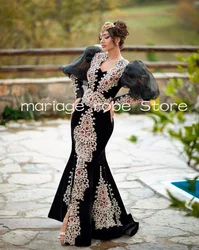 Black Velvet Mermaid Arabic Caftan Prom Dresses forWomen Long Sleeve Crystal Applique robe traditionnelle albanais Eveing Gown