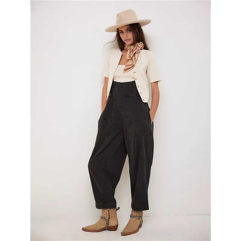 ABP-Jumpsuit Romper Denim Tanpa Lengan Model Longgar Kasual Wanita Dengan Saku dan Tali Pengatur