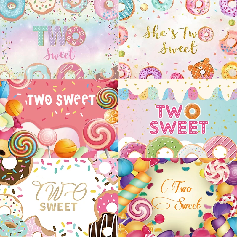 

Two Sweet Backdrop Candy Shop Bar Donut Lollipop Girls Happy Birthday Party Boy Baby Shower Photography Background Photo Banner