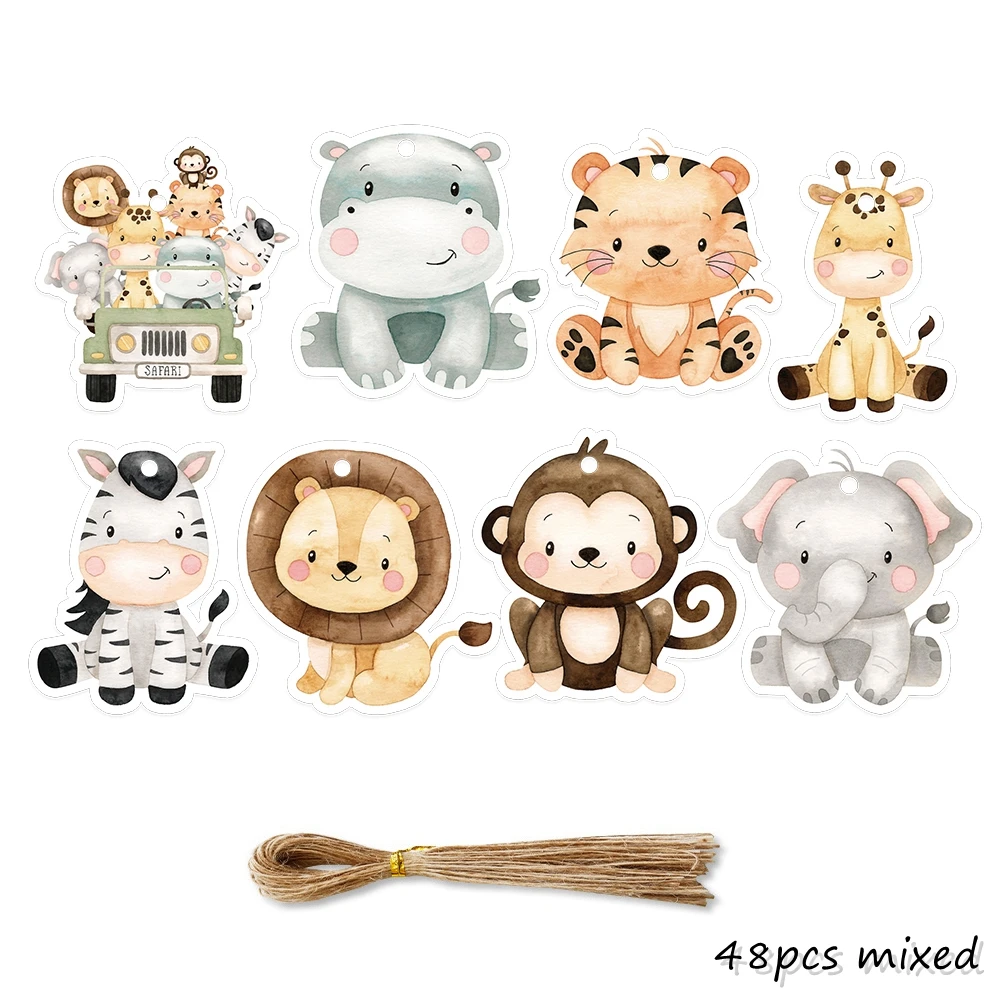 48pcs/lot Carton Animal Paper Tags Pink Craft Hanging Labels For Girl\'s Jungle Safari Birthday Party Gifts Wrapping Decoration