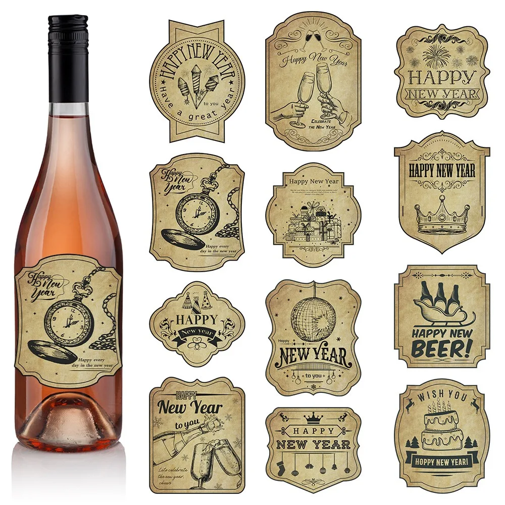 New Year Vintage Copperplate Paper Adhesive Bottle Sticker 2025 Happy New Year Red Wine Bottle Sticker Cheer 2025 New Year Party