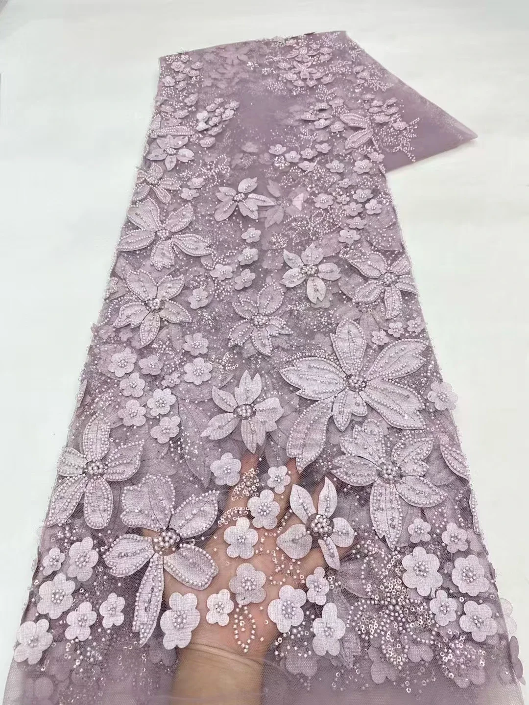 

Latest Pink 3D Flowers French Lace Fabric 2025 High Quality Beaded Sequins African Nigerian Lace Fabric For Party Dress LXX25137