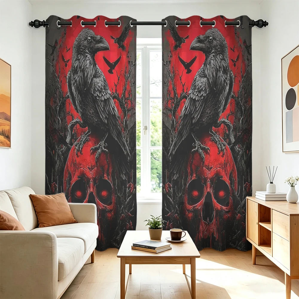 2Pcs Dark Crow Skeleton Blood Moon Printed Curtains Perforated Hole‑Punch Blackout Privacy Window Drapes For Living Room Bedr