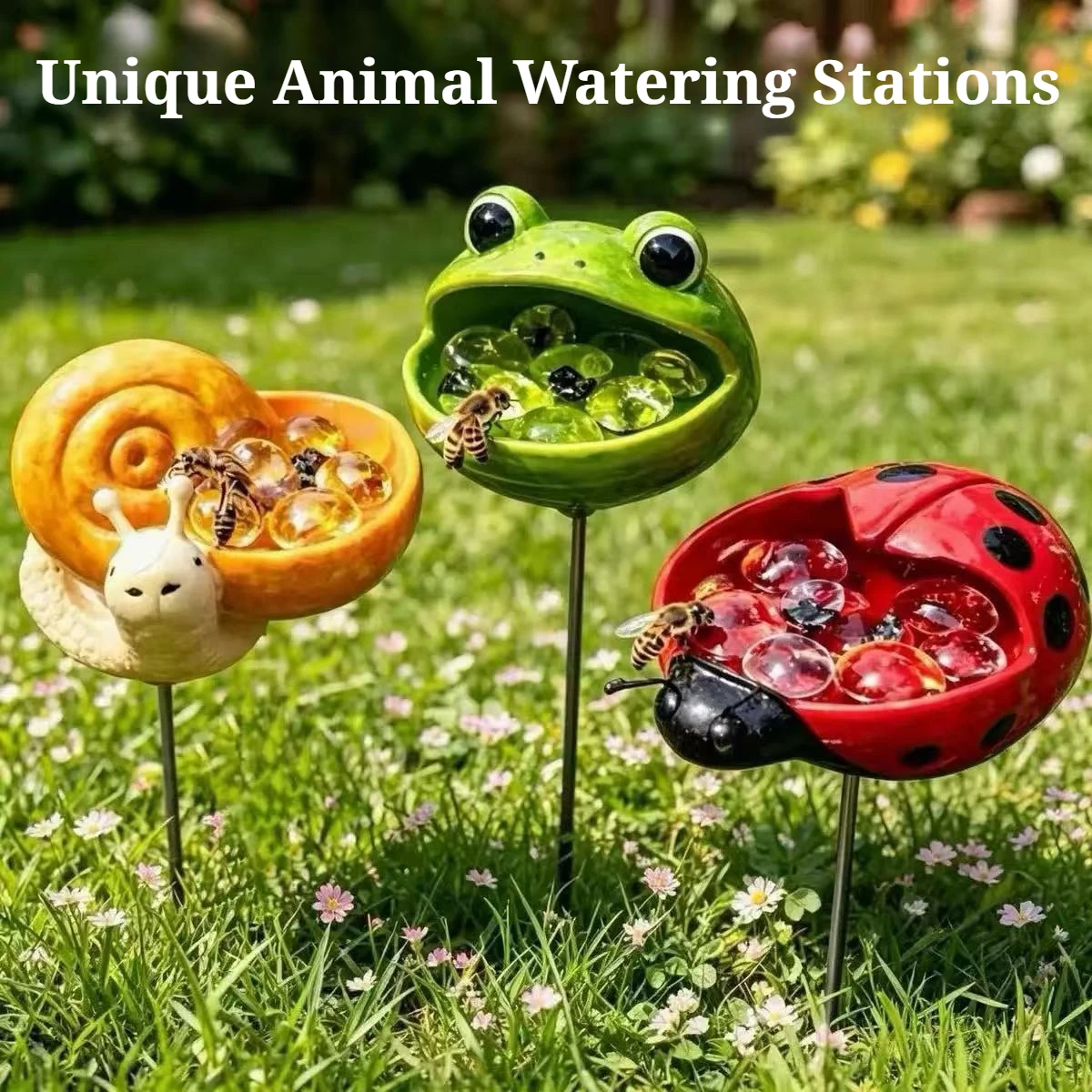 Cute Animal Bee Watering Station, Resin Frog Snail Ladybug Garden Stake, Unique Bee Waterer for Outdoor Decoration