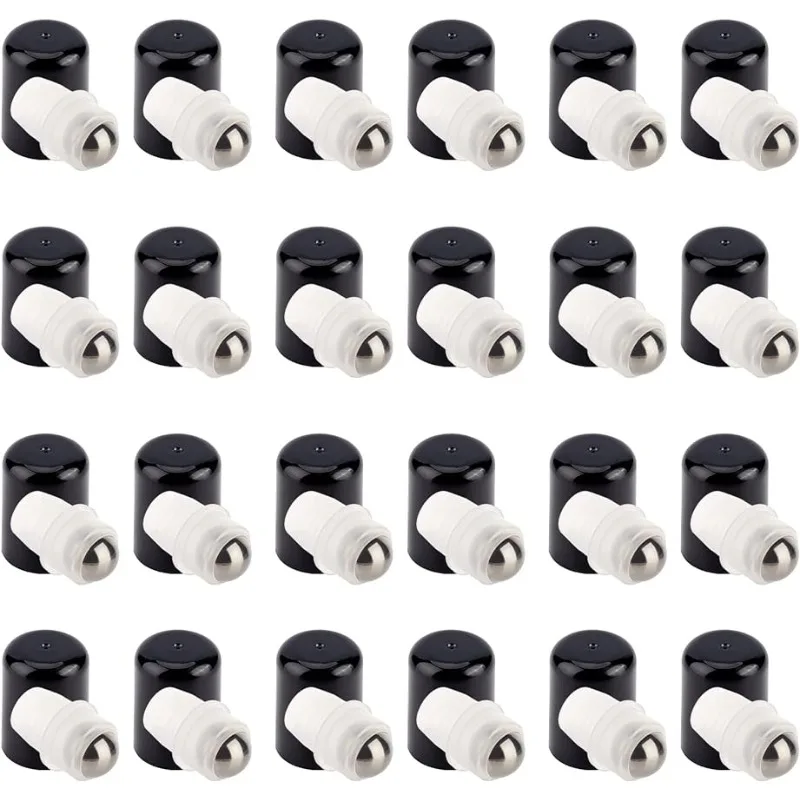 24Sets Essential Oil Roller Inserts Kit Stainless Steel Roller Balls and Black Bottle Cap for 5~15ml Essential Oils Cosmetics