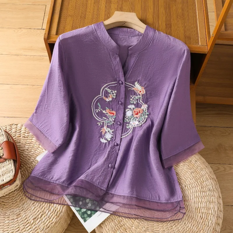النمط الصيني الملابس النسائية البلوزات خمر قمصان مطرزة ملابس الصيف فضفاضة قصيرة الأكمام القطن الكتان النساء بلايز #3