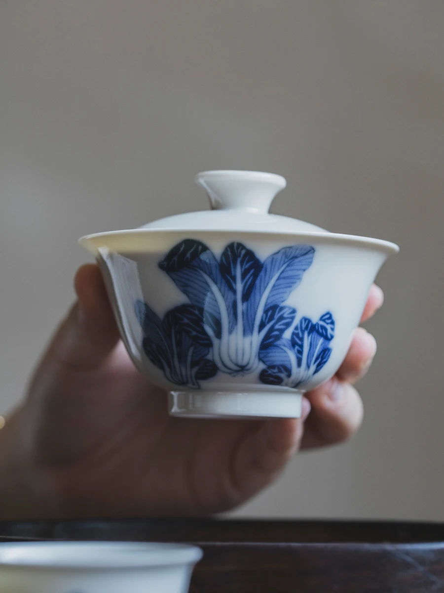

Jingdezhen Cerc Tea Bowl with Lid Beautiful Blue And White Cabbage Design Chinese Sle Single Piece Home Use Tea Set