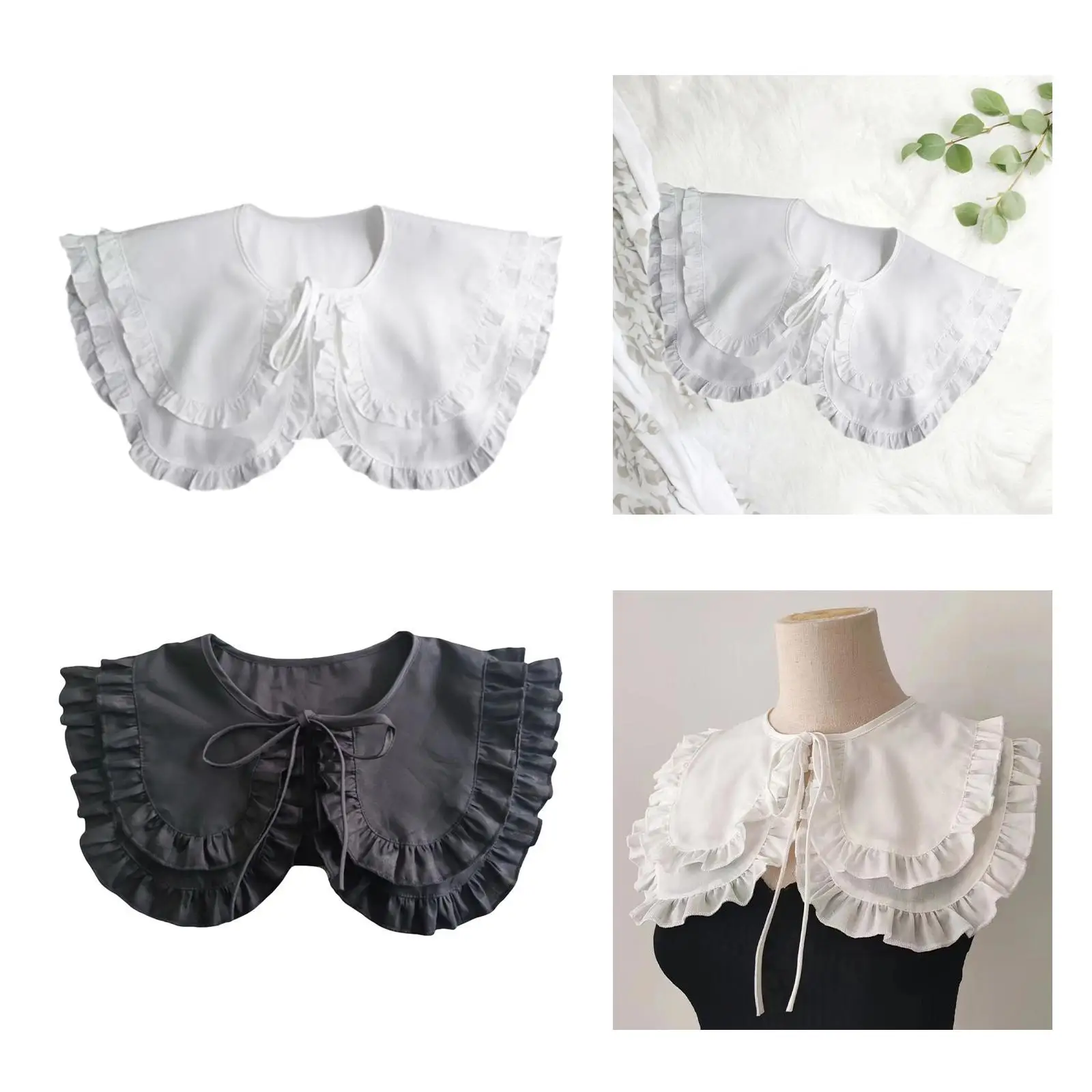 Double Ruffle Detachable Neck Collar Lace Up White Faux Cape Polyester Comfortable for Trendy Women's Sweater Blouses