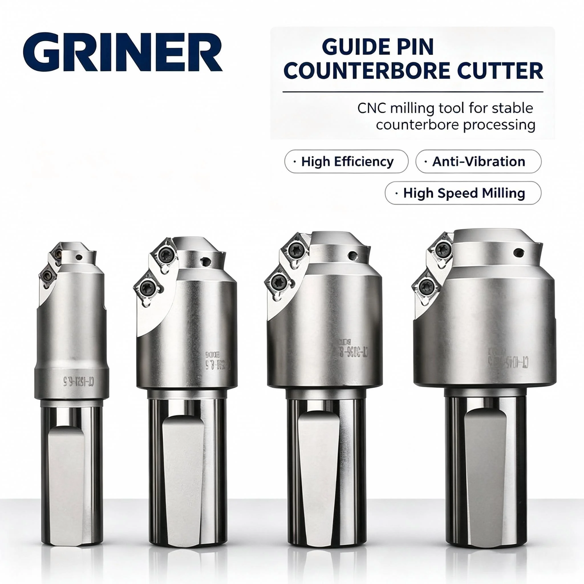 GRINER CT Indexable Counterbore Milling Shank, Double‑Chamfer Step Countersink Bar for Mold Base Guide Pin Counterboring