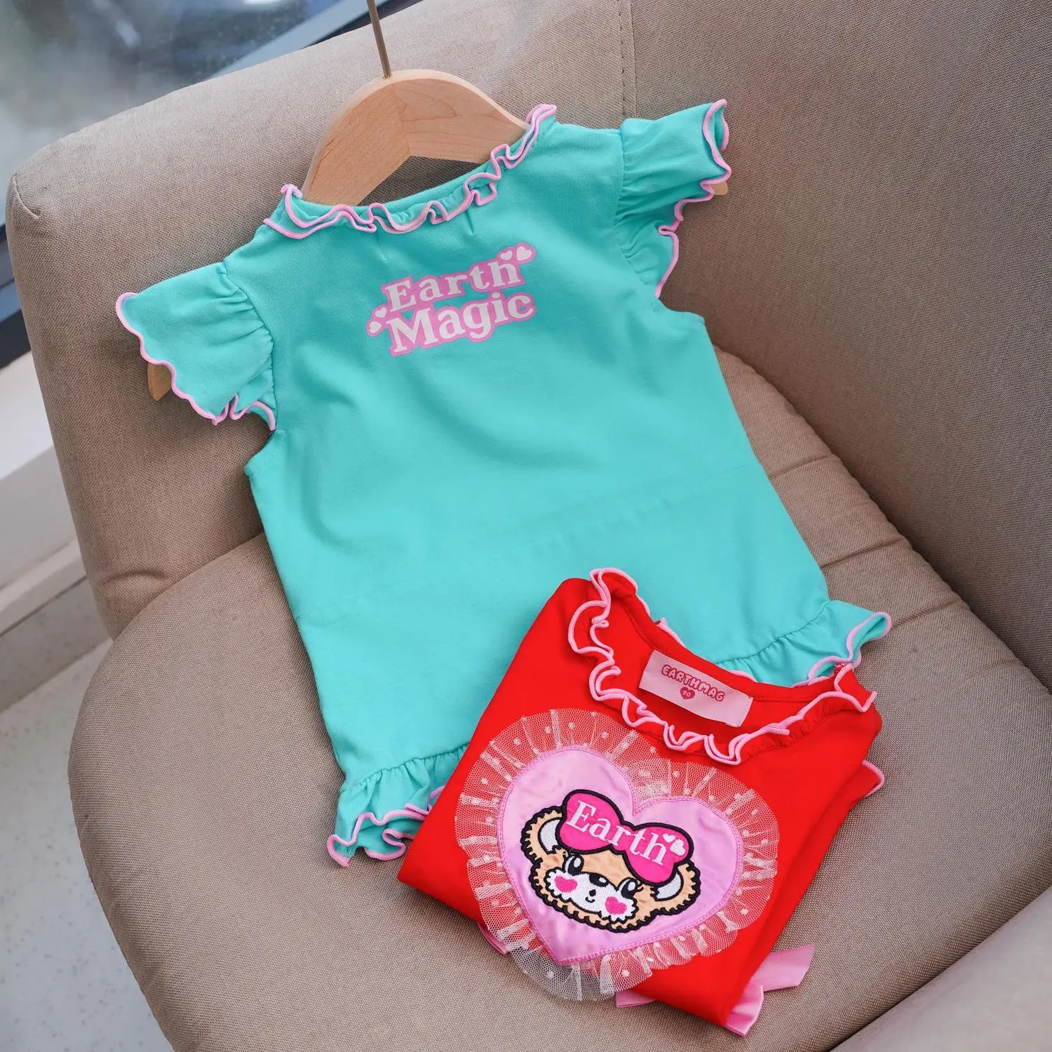 Japanese Trendy Cartoon Heart-shaped Bear Flying Sleeve Cotton T-shirt Summer Sweet Girl Mommy and Daughter Matching Clothes