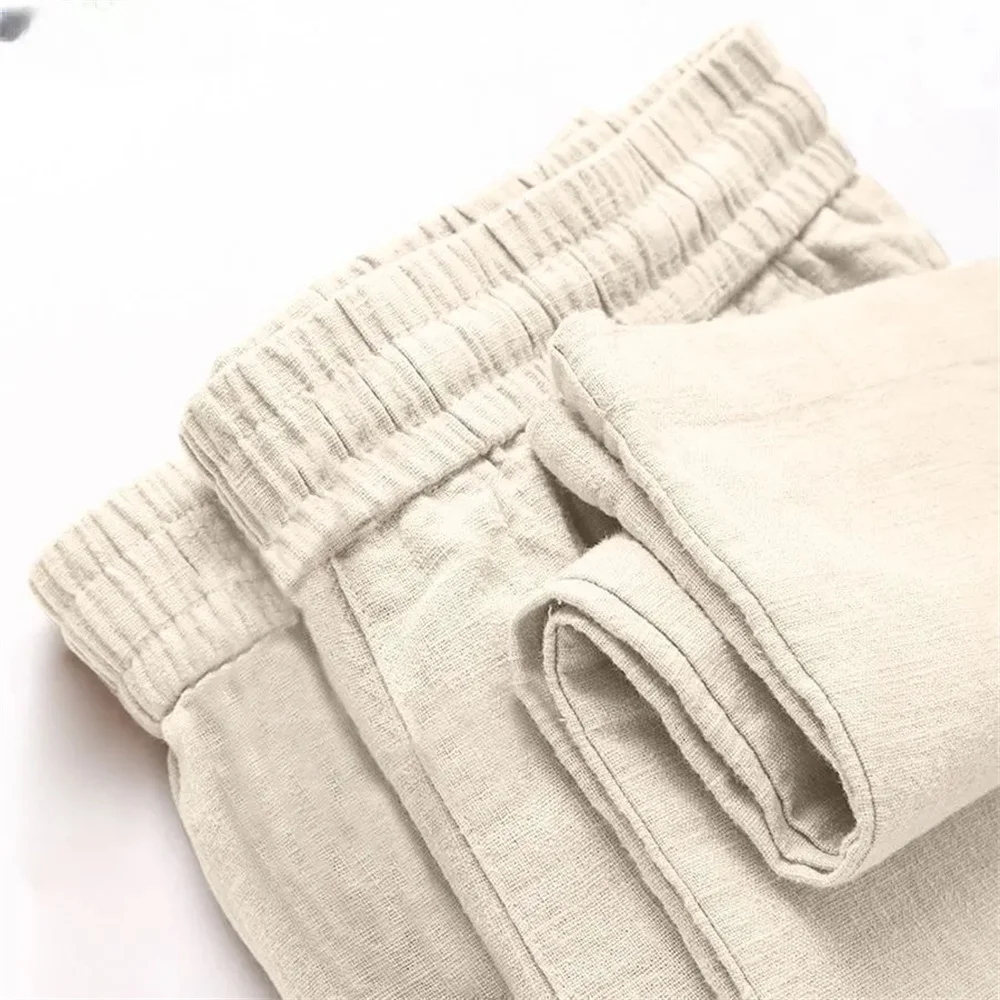 Summer Women's Cotton Linen Cropped Wide Leg Pants Elastic Waist Casual Palazzo Trousers with Pockets High Waist Loose Long Pant