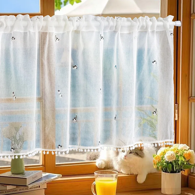 Cute Cat Embroidery Sheer Cafe Curtain Short Half Window Curtain Bedroom Kitchen Door Rod Pocket Light Filtering Home Decor