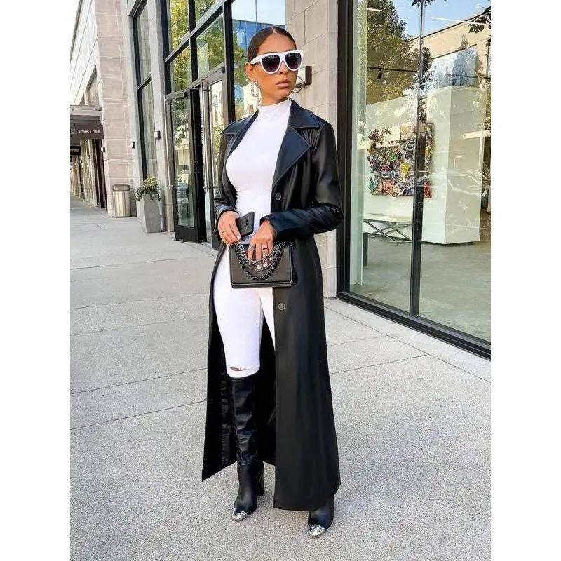 

Long Leather Cardigan Coat High Waist Design Winter Fashion Women's Jacket Flip Collar Stylish Outerwear No Brand Registered