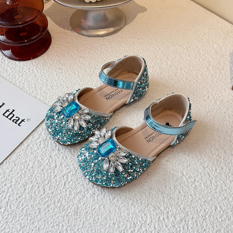 

Сандалии со стразами для девочек, туфли принцессы, небесно-голубые блестящие тапочки для маленьких девочек, свадебная обувь, детская дизайнерская танцевальная обувь, лето от 5 до 12 лет