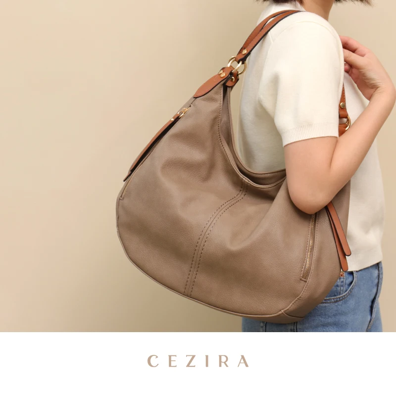 CEZIRA Large Shoulder PU Leather Tote Bag Double Strap Big Soft Casual Daily Work Over night Women Shopping Front PocketsHandbag