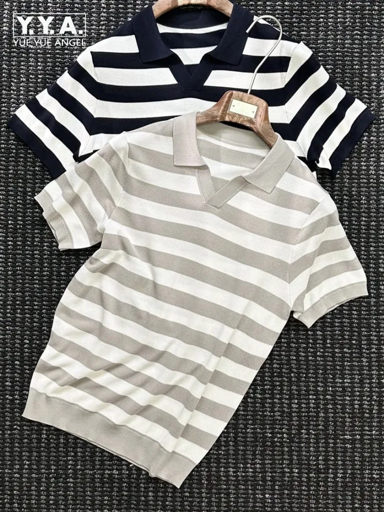 

Retro Male Striped Knitted Vests Summer Leisure V Neck Short Sleeves Mens Tops Comfortable Mixed Color Men Slim Tank Top