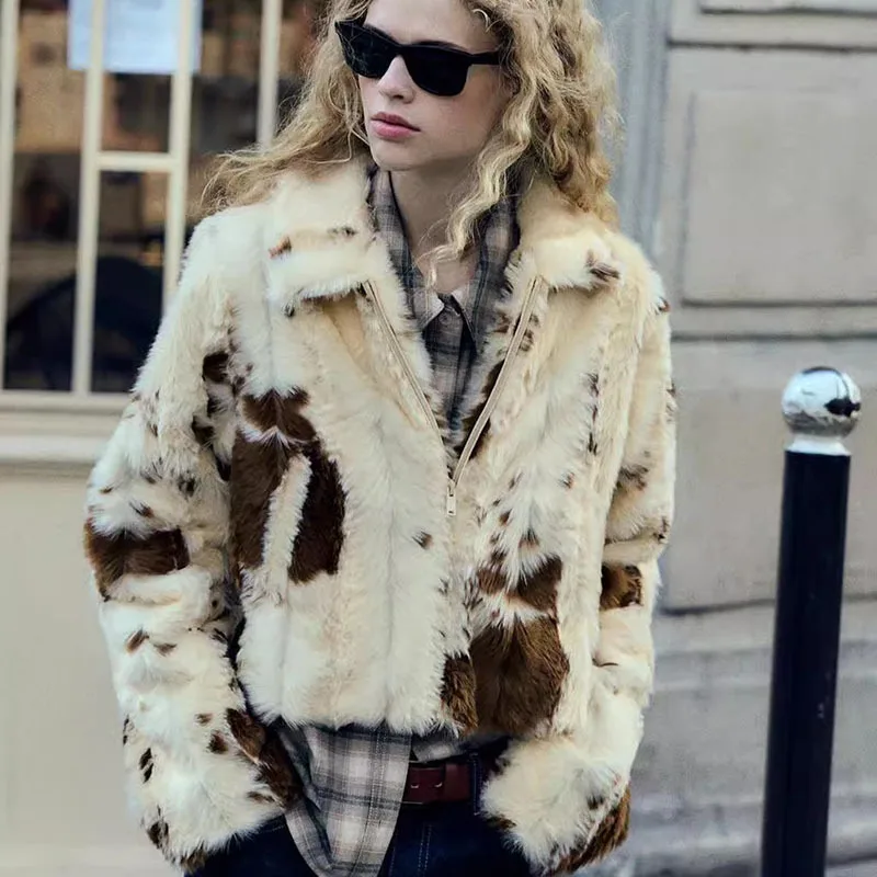

Desinged Women Winter Artificial Fur Jacket Color Blocked Zipper Fly Lady Mink Fur Outwear Instagram-Style Lady Ecco Fur Coat