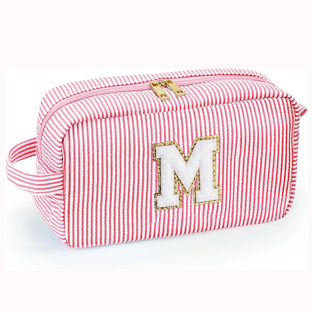 Cute Initial Waterproof  Pink Women Girls Travel Cosmetic Toiletry Bag Makeup Pouch with Chenille Letter Patch