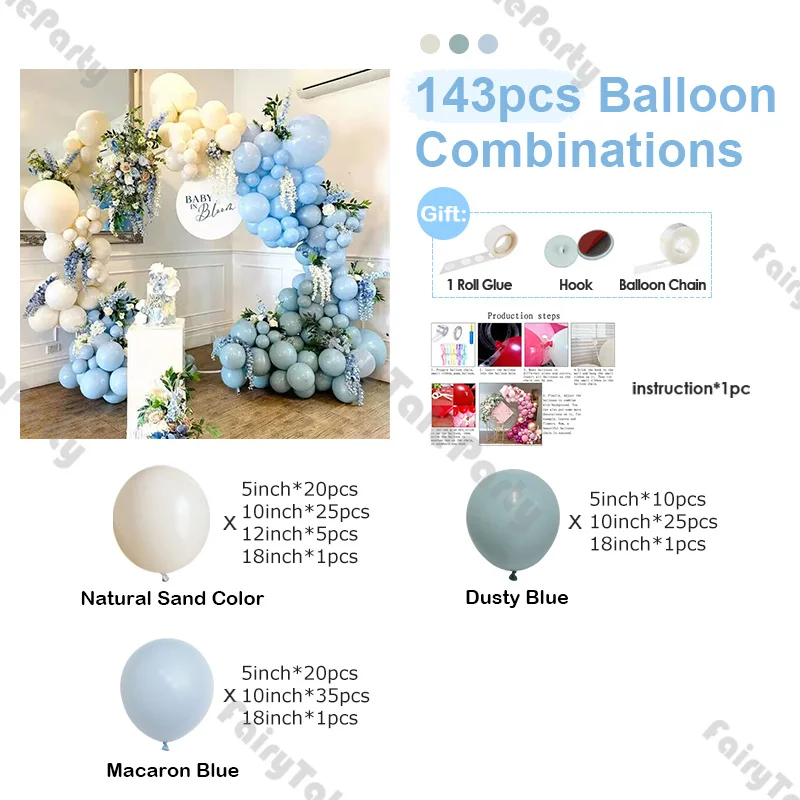 143pcs Baby Shower Dusty Blue and Sand White Balloon Garland Kit Boho Style Wedding Decoration Balloons for Birthday Party