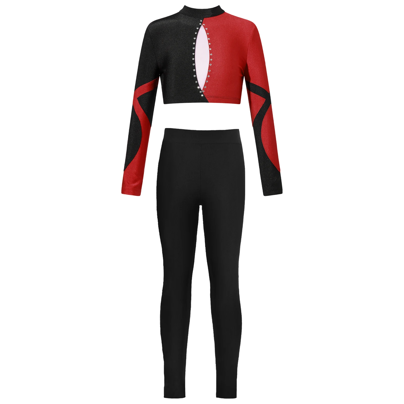 

Kids Girls Long Sleeve Mock Neck Contrast Color Cutout Back Patchwork Crop Top with Leggings for Dance Performance Competition