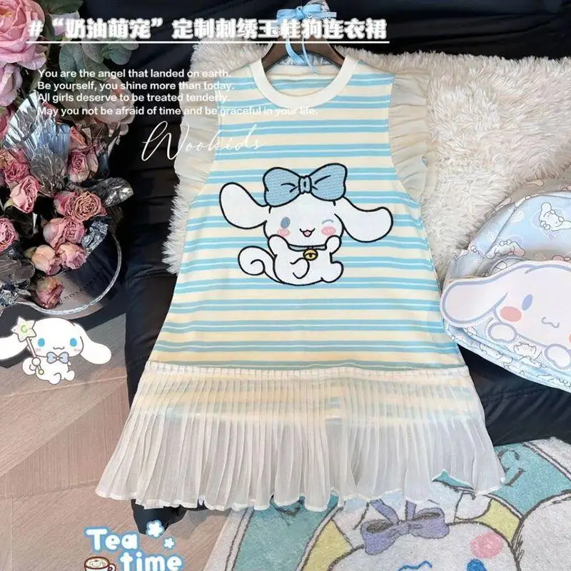 Robe d'été Cinnamoroll Kawaii pour filles, jupe de princesse mignonne et douce, jupe en gaze pour enfants, cadeau de vêtements pour enfants, mode