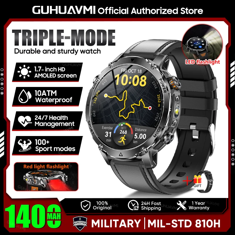 2026 Neue TANK Ultra 1400mAh Batterie Militär-Smartwatch 10ATM Wasserdicht Herzfrequenz Taktische LED-Taschenlampe Herren Sportarmband