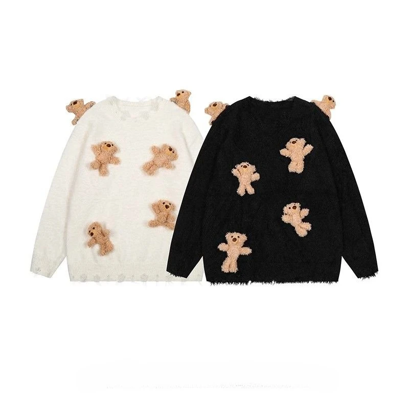 Suéter japonés Kawaii de manga larga para mujer, jersey informal Y2k de Color sólido con retales de osos dulces, jersey ajustado con cuello redondo para primavera y otoño