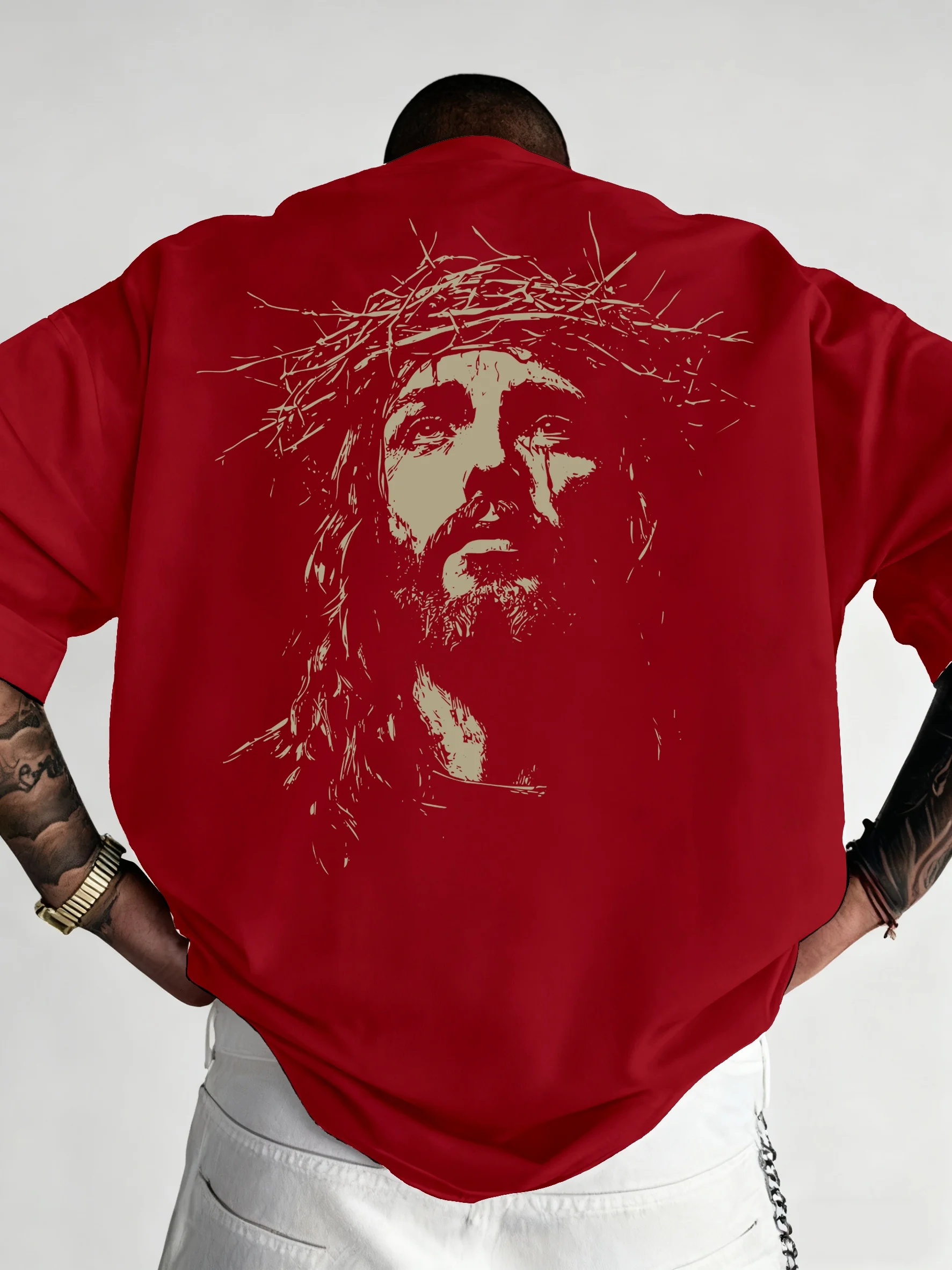 Men's Jesus Pattern Print T-Shirt Pure Cotton and Breathable Streetwear Oversized Loose Casual Trendy Crew Neck Short Sleeve