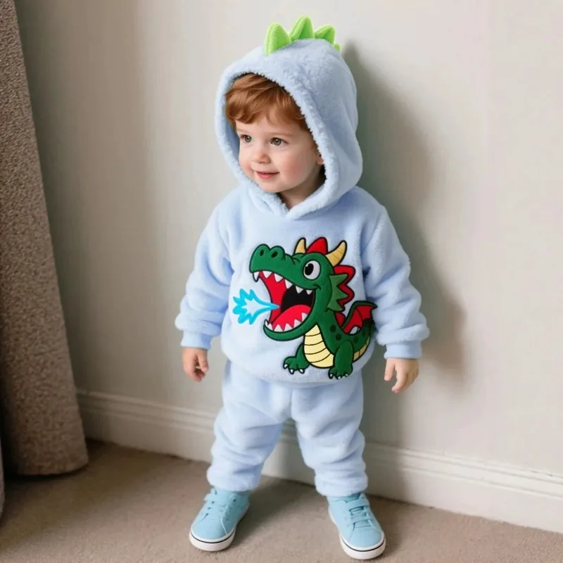 Halloween Baby Clothes Dragon Fire  Print Baby Romper Hooded Fleece Top Pants Set Toddler Boy Winter Clothes Cartoon  Newborn