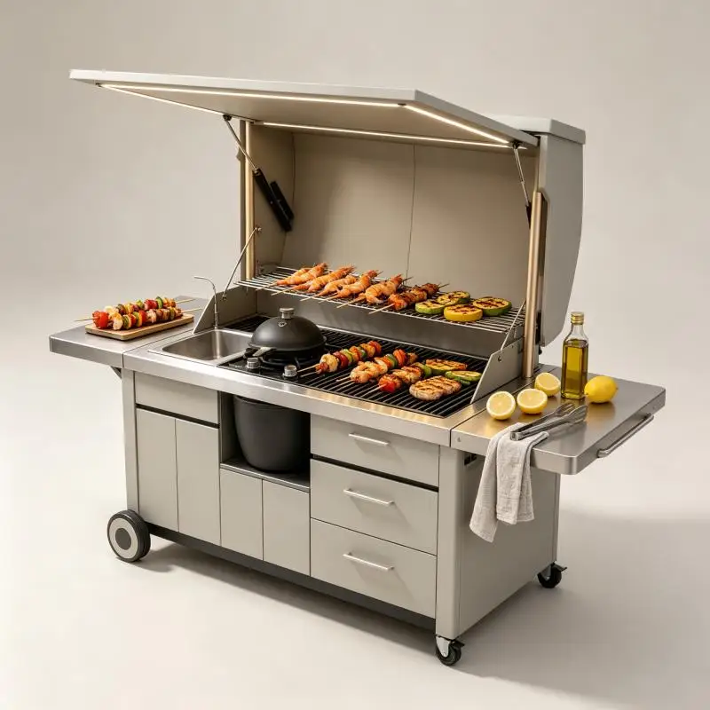 Outdoor Kitchen Stainless Steel BBQ Island With Sink Faucet Prep Surface Weather Resistant For Backyard Deck