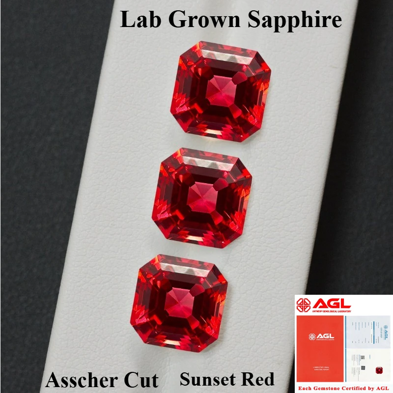 

Hot Sell Lab Grown Sapphire Asscher Cut Sunset Red Multiple Size Top Quality for Diy Jewelry Making Selectable AGL Certificate