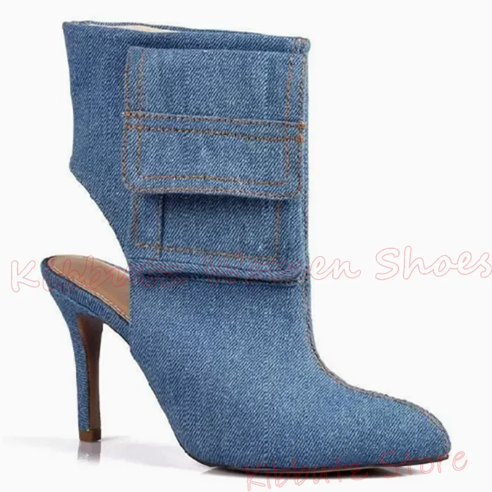 Blue Denim Slingback Sandal Boot Knee High Pocket Decoration Pointed Toe Thin High Heel Boots Runway Banquet Hot Girls Shoes New