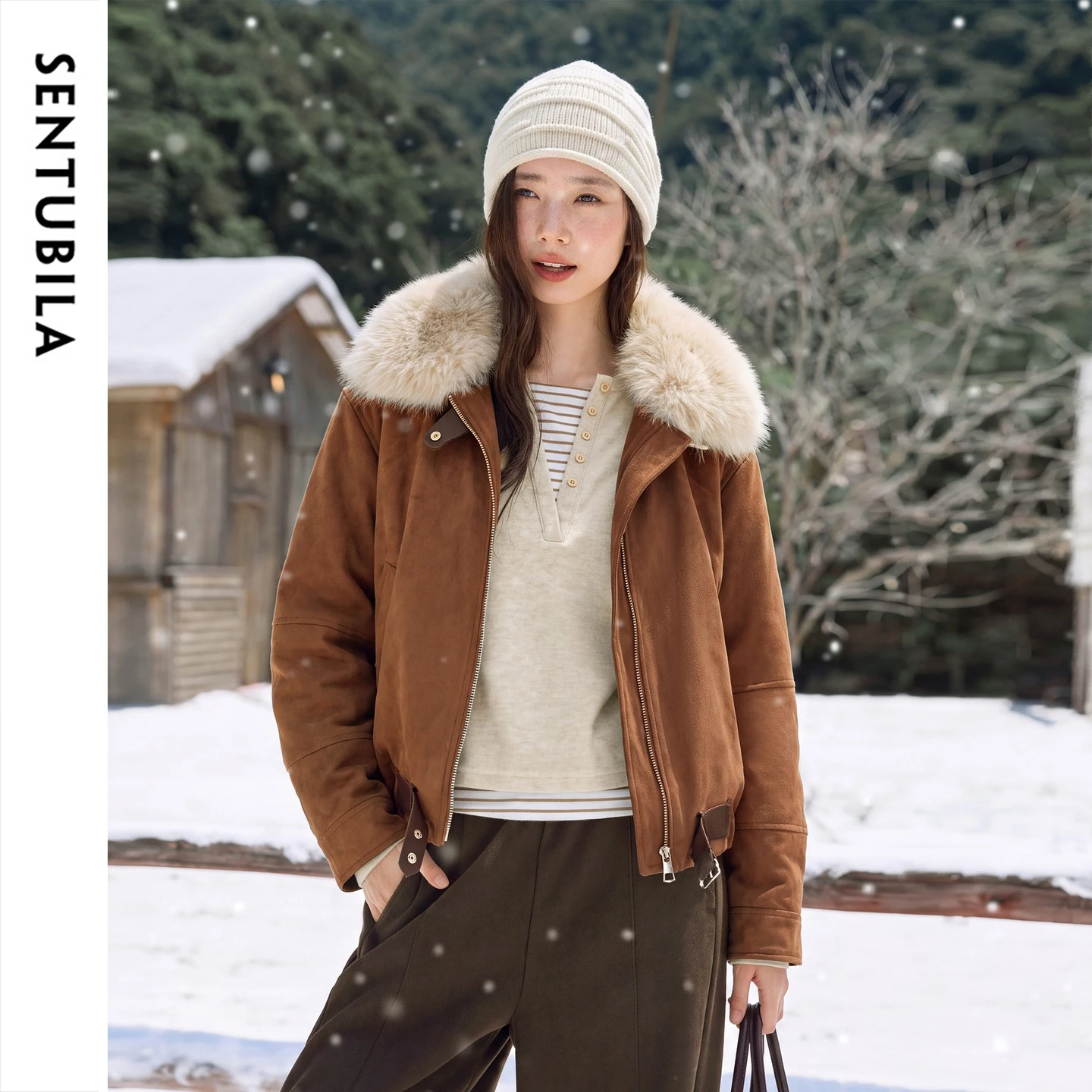 SENTUBILA Women's White Duck Down Jacket 2026 Winter Detachable Fur Collar Raglan‑Sleeve Loose Commuter Warm Outerwear W64YD7697