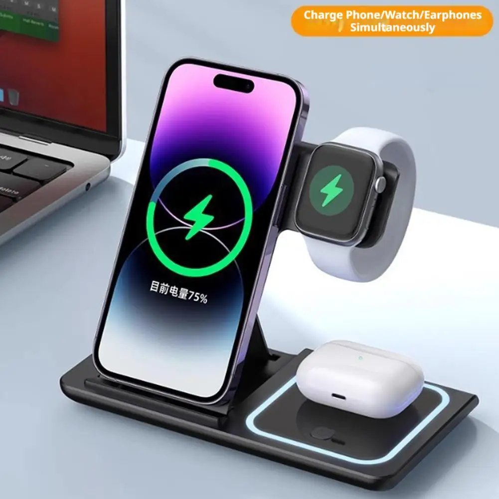 15W 3 in 1 LED Fast Wireless Charger Stand Foldable Charging Station For IPhone17-11 Apple Watch 9 8 7 6 5 Airpods Pro