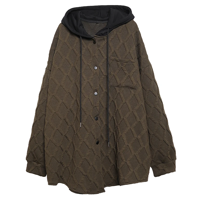 Lightweight Cotton Jaet Women's Autumn Winter Casual Faion Midi Length Patchwork Color Hooded Rhombus Cotton Coat