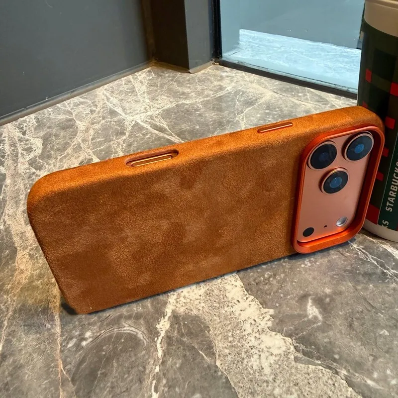 

Оранжевый импортный замшевый чехол с магнитной зарядкой для iPhone 17 12 13 14 15 16 Pro Max Air, премиум-класса, из натуральной кожи, полностью закрывающий заднюю панель