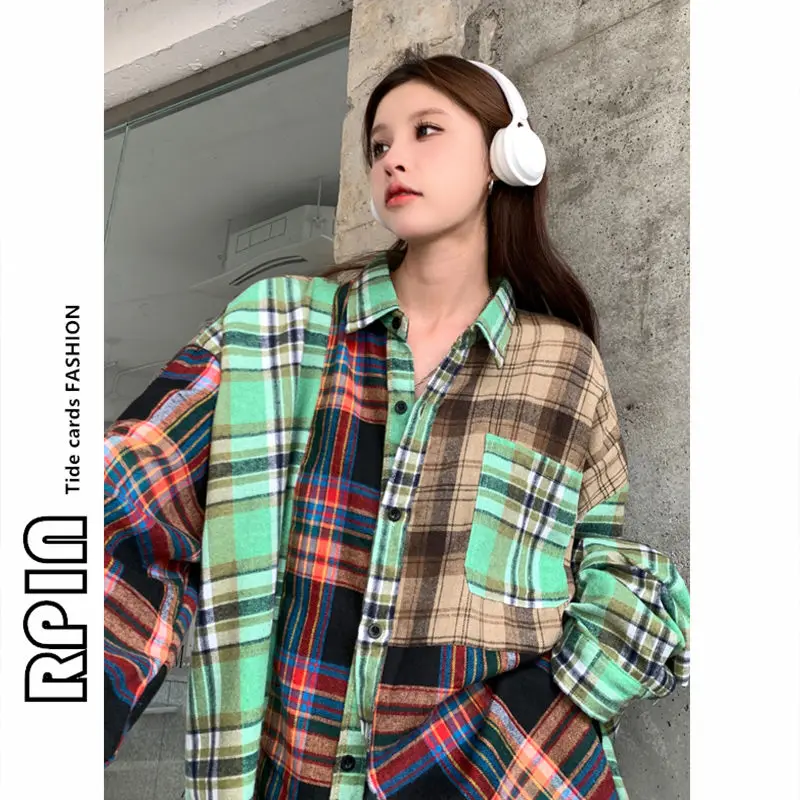 Personality Patch Plaid Shirts Women Men Oversized Harajuku Long Sleeves Tops High Street Chic Summer Simple College Blouse Coat