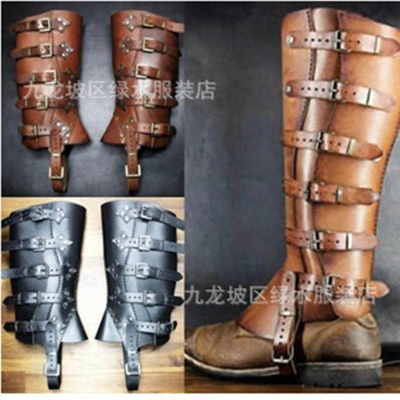 A Pair Medieval Renaissance Samurai PU Leather Leg Warmers Shoe Covers Stage Theater Performance COS Photography Props