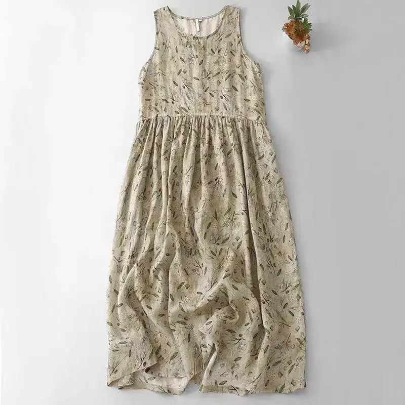 

Pop French Style Women Clothes New Summer O-Neck Sleeveless Tank Dresses Literary Vintage Floral Print Female Ramie Vest Dress
