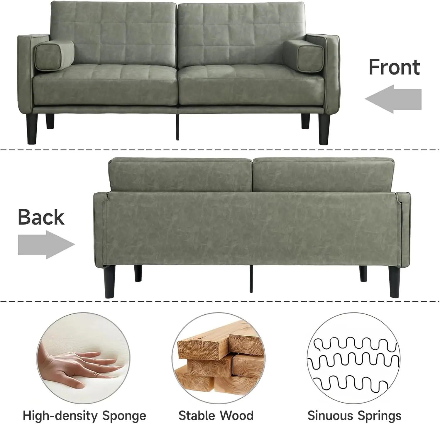 Modern Couch, Breathable Faux Leather Couch with Upholstered Cushions/Pillows, Loveseat Sofas & Couches, for Living Room (Olive