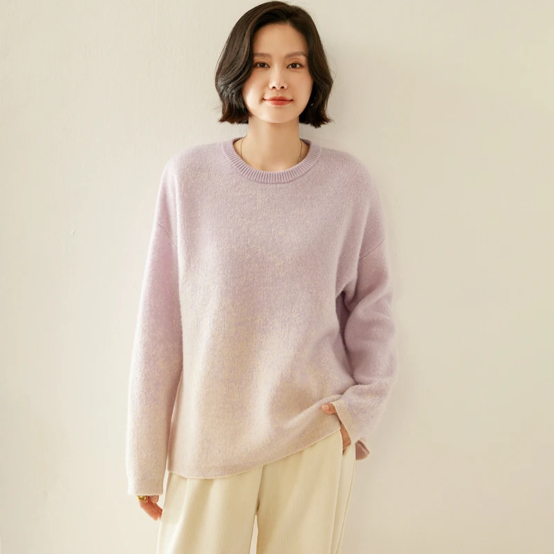 Sweater rajut leher O 7 Pin wanita, atasan Pullover rajutan kasual musim gugur dan musim dingin, warna gradien 4 warna leher O 100%