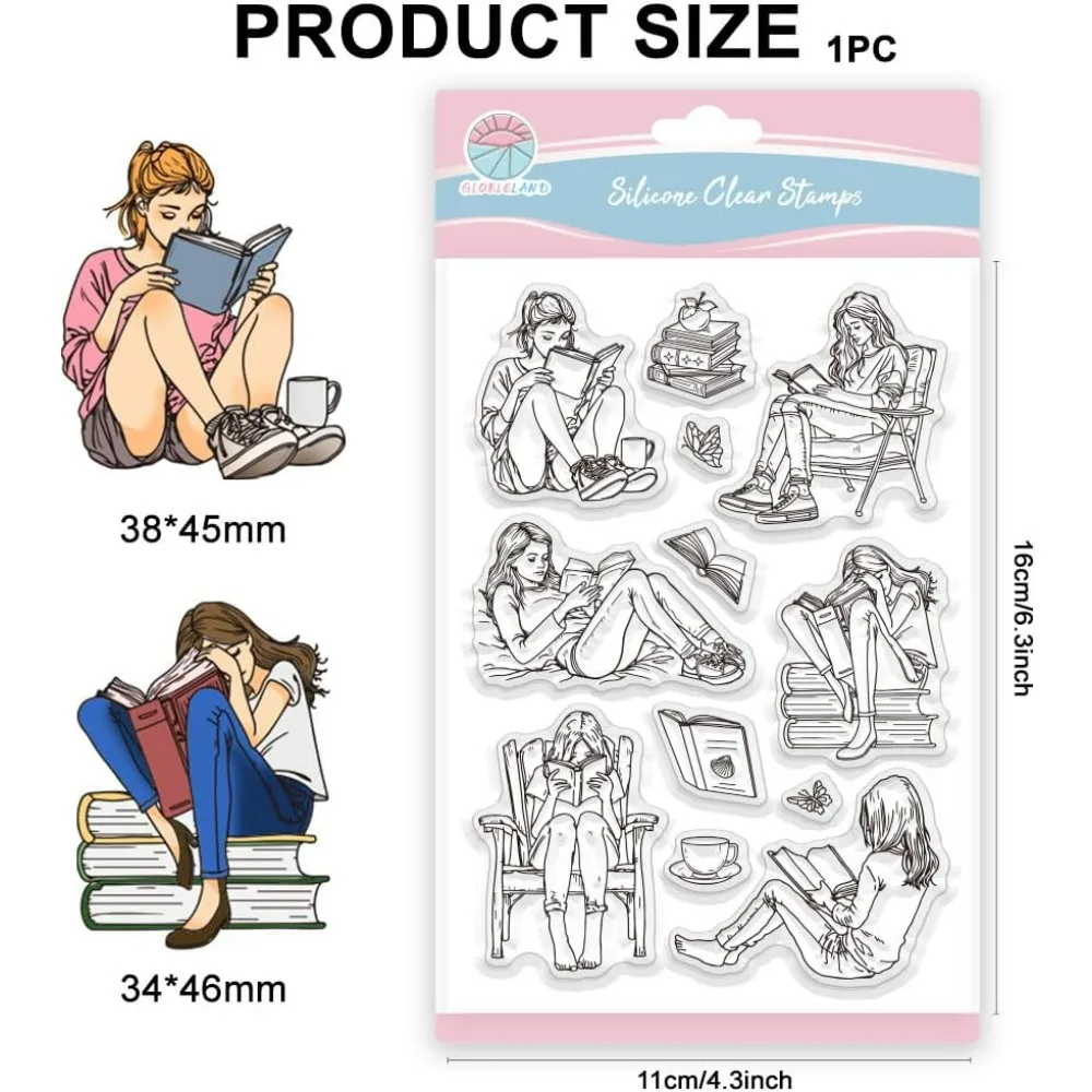Lady and Books クリアスタンプ 本の読書 シリコーンクリアスタンプ 本のテーマ 透明スタンプ DIY スクラップブッキングやカード用